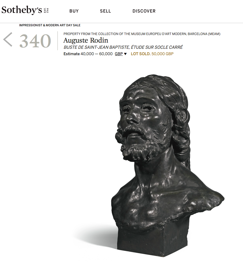 Sotheby's Price Realized for 2016 sale of Buste de Saint Jean Baptiste